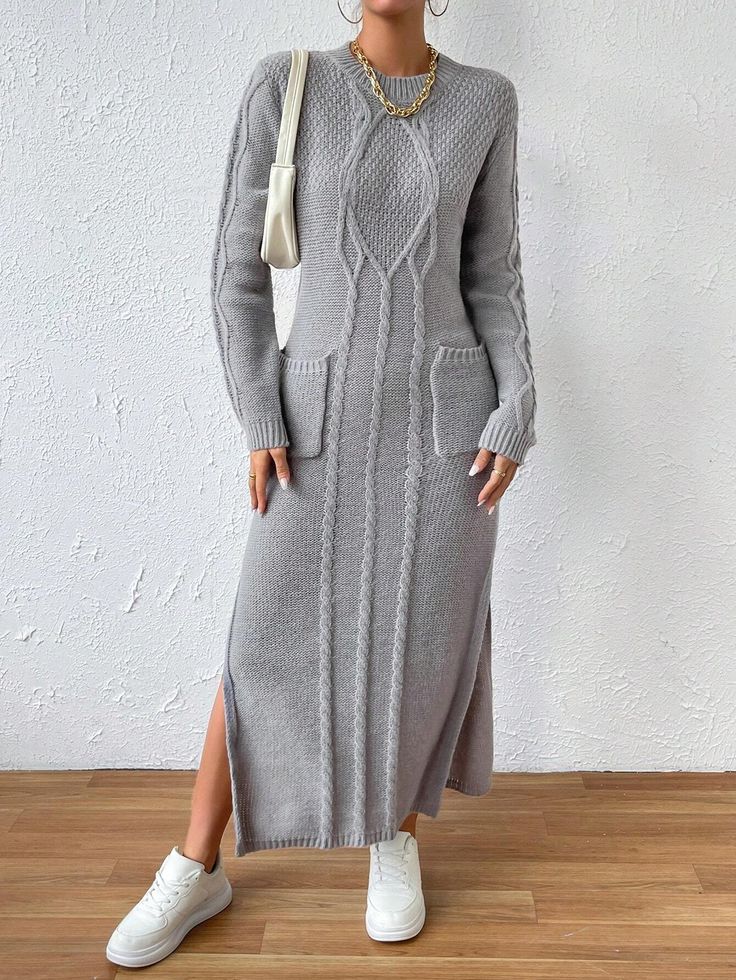 SHEIN Essnce Dual Pocket Split Thigh Cable Knit Drop Shoulder Sweater Dress | SHEIN USA Fall Long Sleeve Midi Dress With Pockets, Casual Long Sleeve Solid Color Dress For Winter, Gray Long Dress For Fall, Long Gray Dress For Fall, Winter Long Sleeve Midi Dress With Pockets, V-neck Winter Dresses With Pockets, Winter V-neck Dress With Pockets, V-neck Winter Dress With Pockets, Chic Gray Long Sleeve Midi Dress