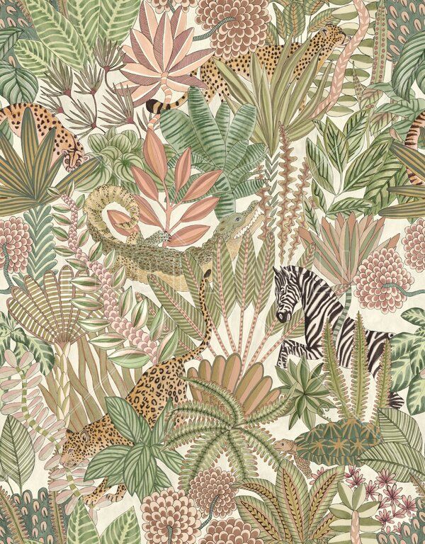 an animal and plant print wallpaper with zebras, leaves, and flowers on it