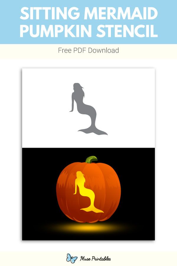 the silhouette of a mermaid sitting on top of a pumpkin with text that reads, siting mermaid pumpkin stencil