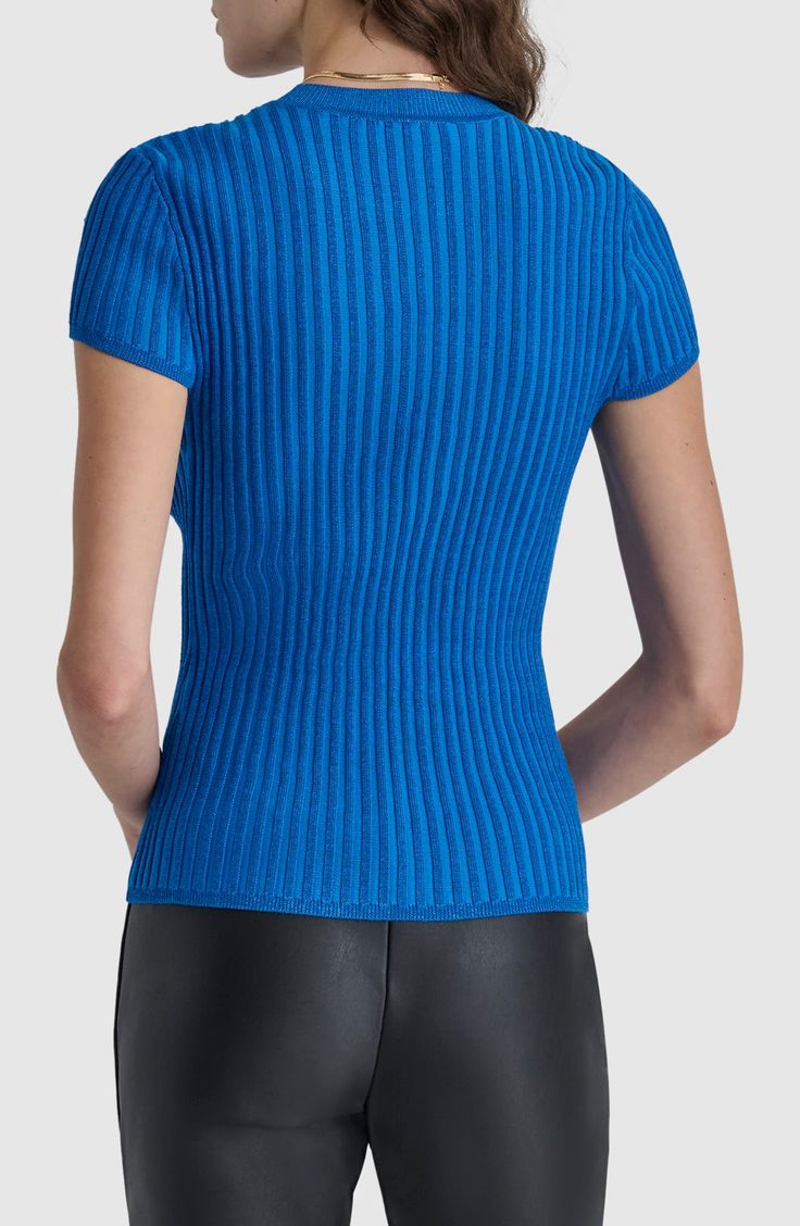 Raised stitches merge and create textural stripes on an eye-catching sweater knit with short sleeves for year-round wear. Crewneck Short sleeves 80% rayon, 20% nylon Machine wash, dry flat Imported Blue Short Sleeve Top With Ribbed Collar, Blue Short Sleeve Tops With Ribbed Collar, Blue Textured Knit Crew Neck Top, Blue Knit Sweater With Short Sleeves, Blue Short Sleeve Knit Sweater, Blue Knit Short Sleeve Sweater, Blue Short Sleeve Knit Top, Blue Knit Crew Neck Top, Blue Textured Knit Short Sleeve Sweater