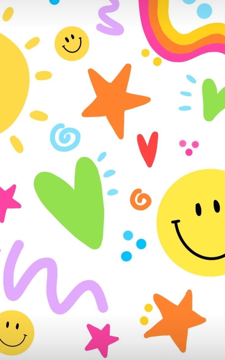 a colorful background with smiley faces and stars