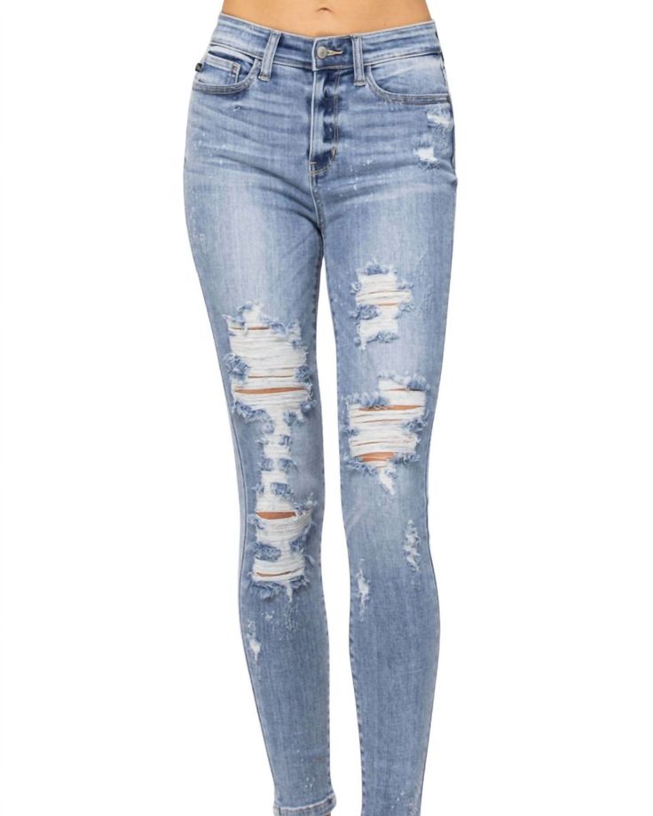 The perfect skinny jeans to wear with your favorite boots this season! Classic Judy Blue stretch in a light blue. These run true to size. Machine wash separately in cold water. Inseam: 28 / Rise: 11.5. Material: 94% Cotton / 5% Polyester / 1% Spandex. Sizing: 1 = 25 waist / 3 = 26 waist / 5 = 27 waist / 7 = 28 waist / 9 = 29 waist / 11= 30 waist / 13 = 31 waist / 15 = 32 waist / 14W = 34.5 waist / 16W = 35.5 waist / 18W = 37.5 waist / 20W = 39.5 waist / 22W = 41 Judy Blue Destroyed Skinny Jean In Bleach Splash | Bleach Splash | Materials & Care Instructions: ['94% Cotton, 5% Polyester, 1% Spandex', 'Imported'] Spring Medium Wash Bleached Jeans, Spring Bleached Cotton Jeans, Bleach Splatter Jeans, Light Wash Distressed Stretch Jeans, Trendy Ripped Light Blue Jeans, Light Blue High Waist Ripped Jeans, Fitted Light Blue Ripped Jeans, Light Blue Distressed Fitted Jeans, Non-stretch High Waist Distressed Jeans