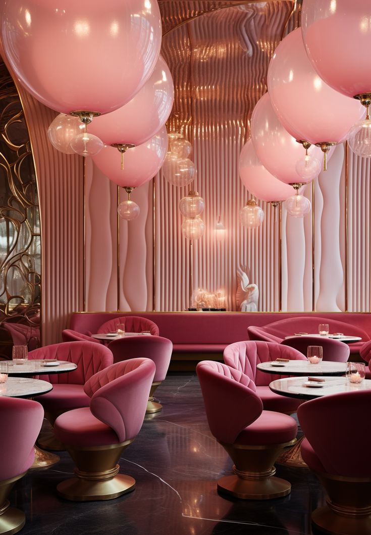 the interior of a restaurant with pink chairs and balloons