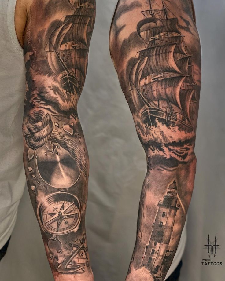 two men with tattoos on their arms, one has a ship and the other has a lighthouse