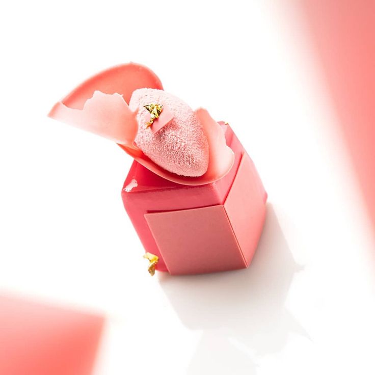 an open pink box with a small stuffed animal in it's top, sitting on a white surface