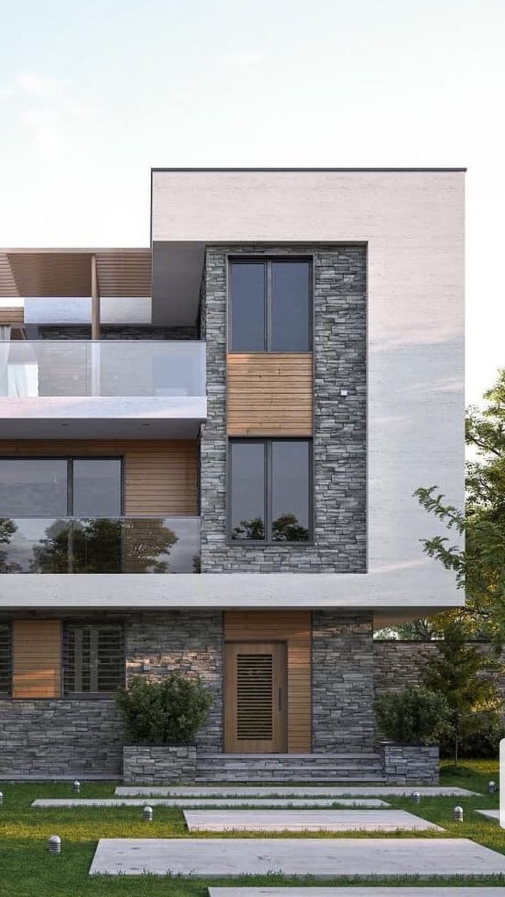 an architectural rendering of a modern house with stone and wood accents, including balconies