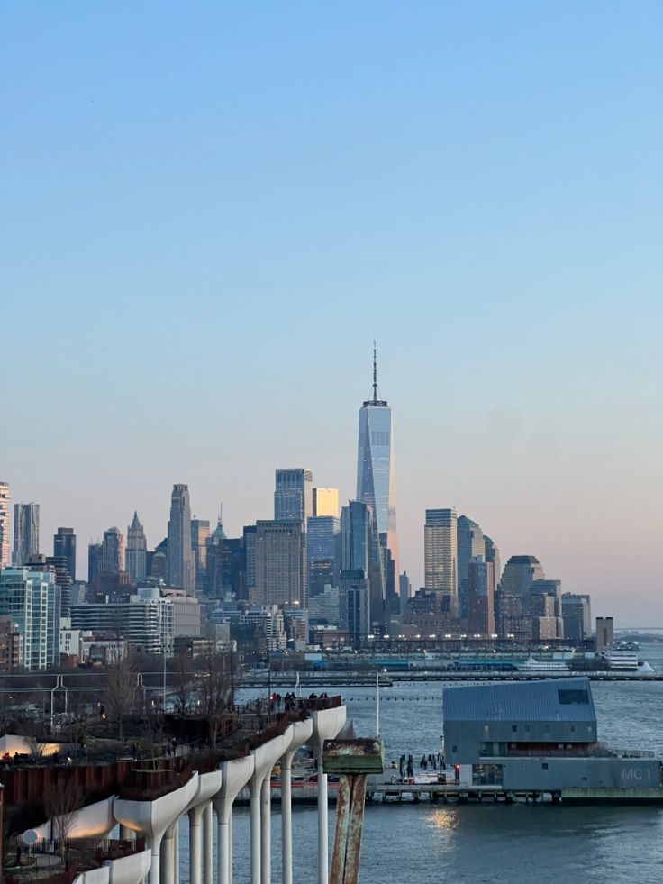 the city skyline is seen from across the water