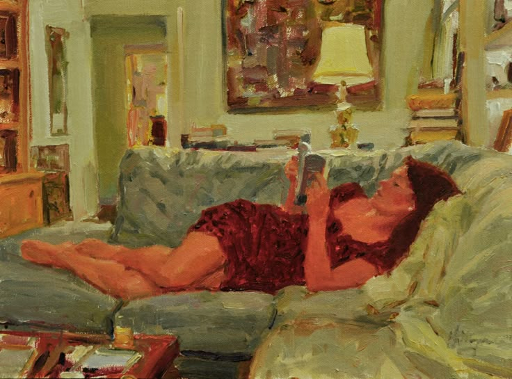 a painting of a woman laying on a couch reading a book in her living room