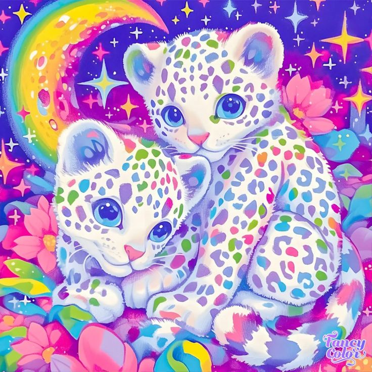 two white kittens sitting on top of each other in front of a rainbow colored background