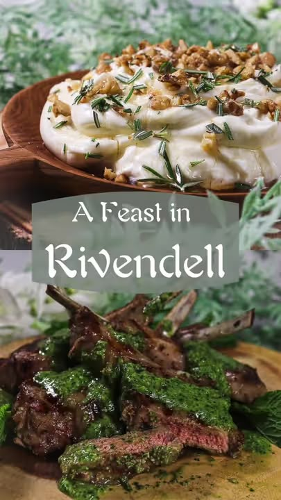 the cover of a feast in rivendeli with meat and vegetables on it