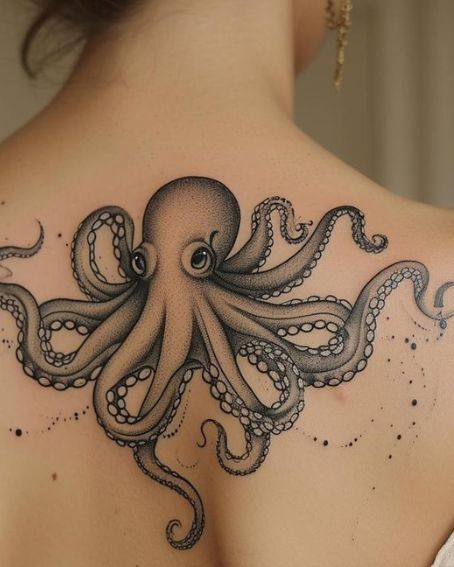 an octopus tattoo on the back of a woman's upper arm and shoulder,