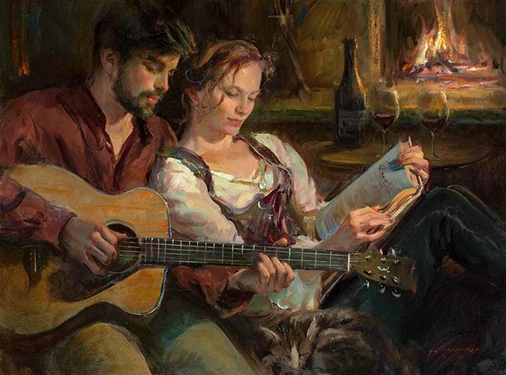 a painting of a man and woman sitting next to each other while playing the guitar