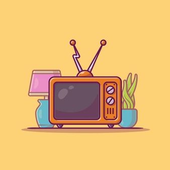 an orange tv sitting on top of a table next to a lamp and potted plant