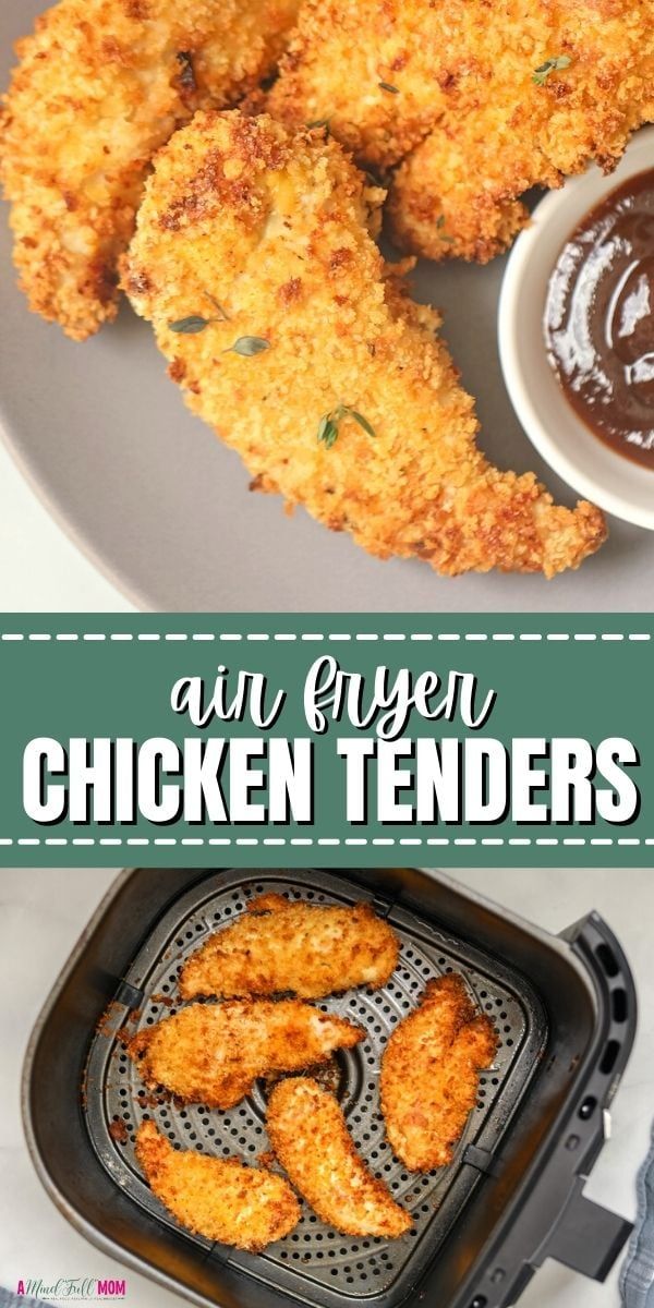 fried chicken tenders in an air fryer with dipping sauce on the side and text overlay