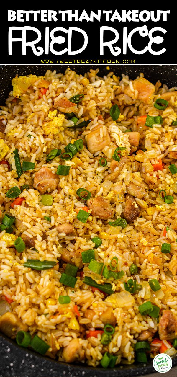 a close up of a plate of food with rice and vegetables on it, text reads better than takeout fried rice