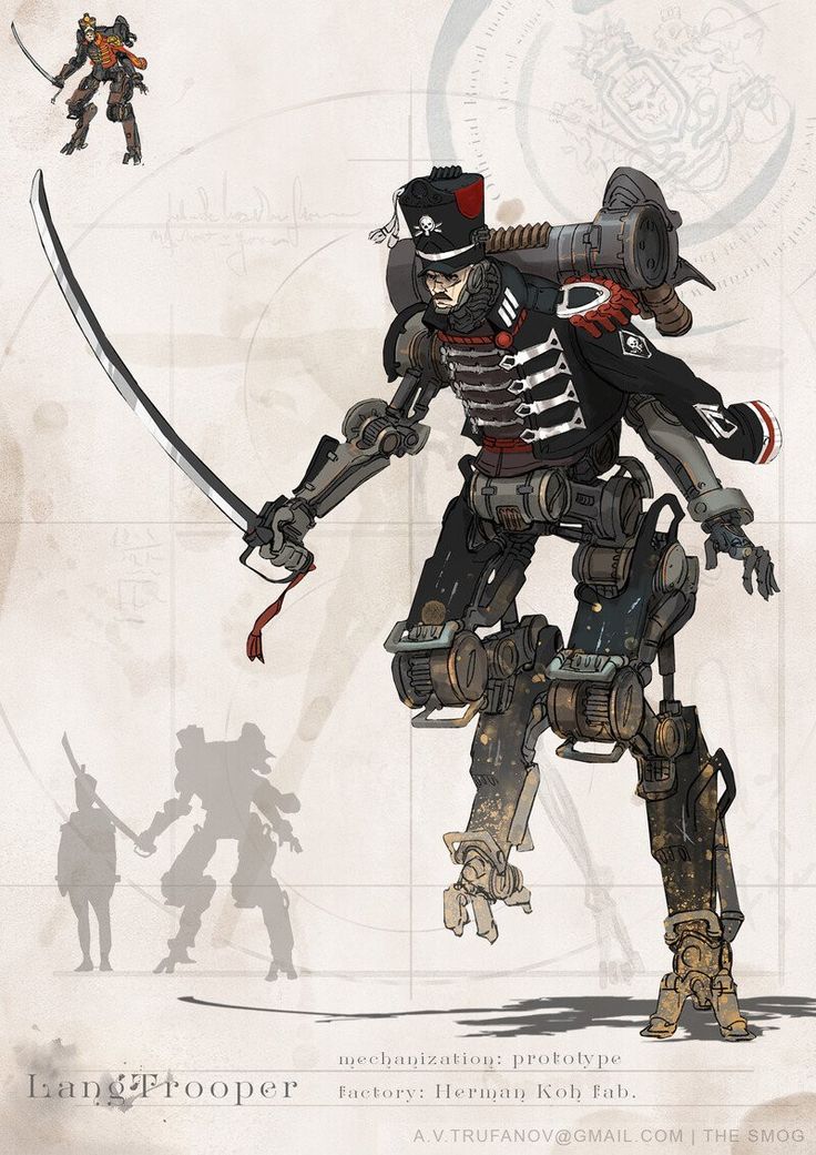 an image of a robot that is standing up with two swords in his hand and another person behind him