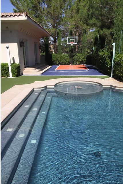 a swimming pool with a basketball hoop in the middle and an artificial lawn area behind it