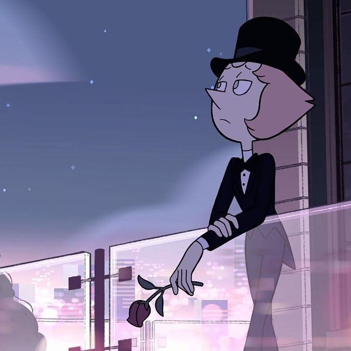 a cartoon character standing on top of a building next to a woman in a black dress