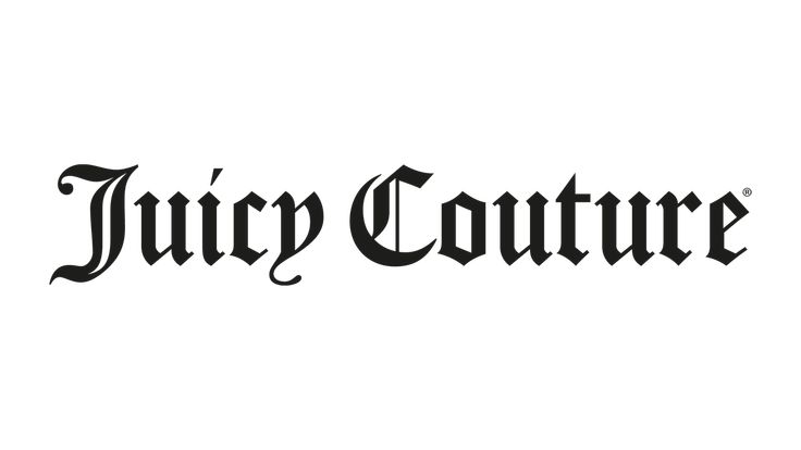 the juicy couture logo is shown in black and white, with an ornate font