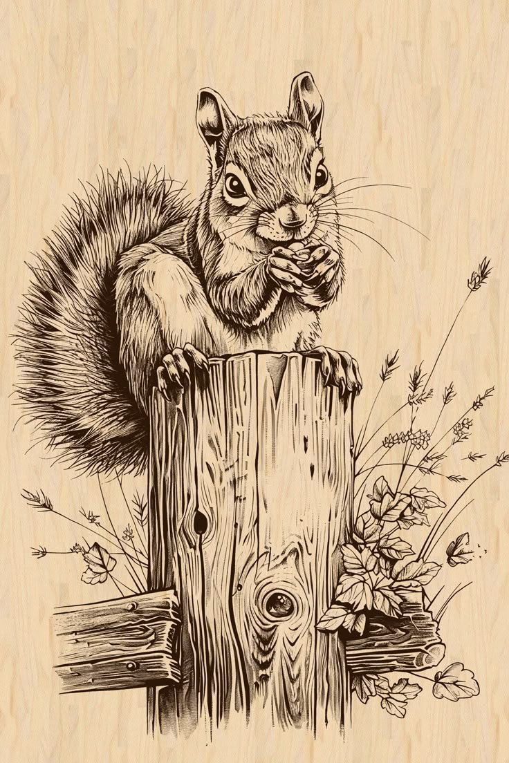 an ink drawing of a squirrel sitting on top of a wooden post next to flowers