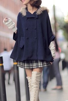 Adorable. Winter Cape Outfit, Navy Blue And White Outfits, Cape Outfit Winter, Winter Cape, Cape Fashion, Cute Coats, Knee Highs, Hooded Cape, Cape Coat