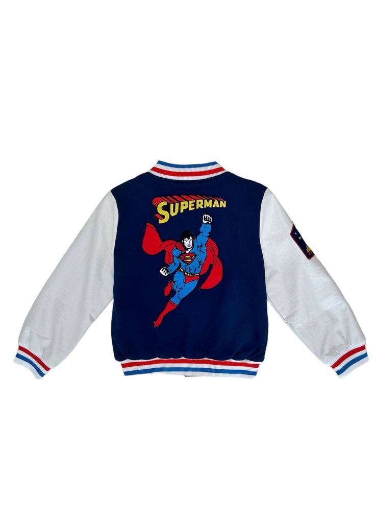 Description: Classic Superman™ Boys Bomber Jacket featuring a vibrant superhero print on the back. Contrasting sleeves with ribbed cuffs and hem for a sporty look. Front zip closure and side pockets for convenience. Ribbed collar adds an extra touch of style. Perfect for keeping warm while showcasing your favorite superhero. Material & Care: Fabric: High-quality polyester and cotton blend. Care Instructions: Machine wash cold with like colors. Tumble dry low. Do not bleach. Iron on low heat if n Classic Superman, Superman Boy, Grey Long Sleeve Shirt, Sparkle Dress, Blue Sweatshirt, Sporty Look, Romper With Skirt, Camo Print