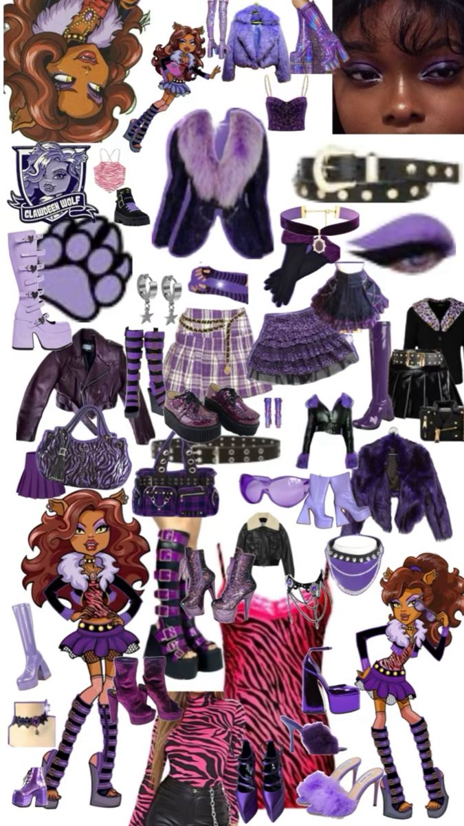 a collage of different outfits and shoes for barbie dolls, including boots, skirts, hats, scarves