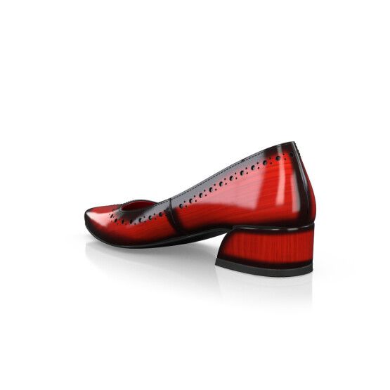 Luxury Red Leather Slip-on Shoes, Designer Luxury Block Heel Shoes, Red Low Heel Block Heels For Formal Occasions, Red Block Heels For Formal Occasions, Modern Calf Leather Heels With Red Sole, Elegant Red Block Heels With Round Toe, Red Heels With Leather Sole For Evening, Red Leather Sole Heels For Evening, Formal Leather Court Shoes With Wooden Heel