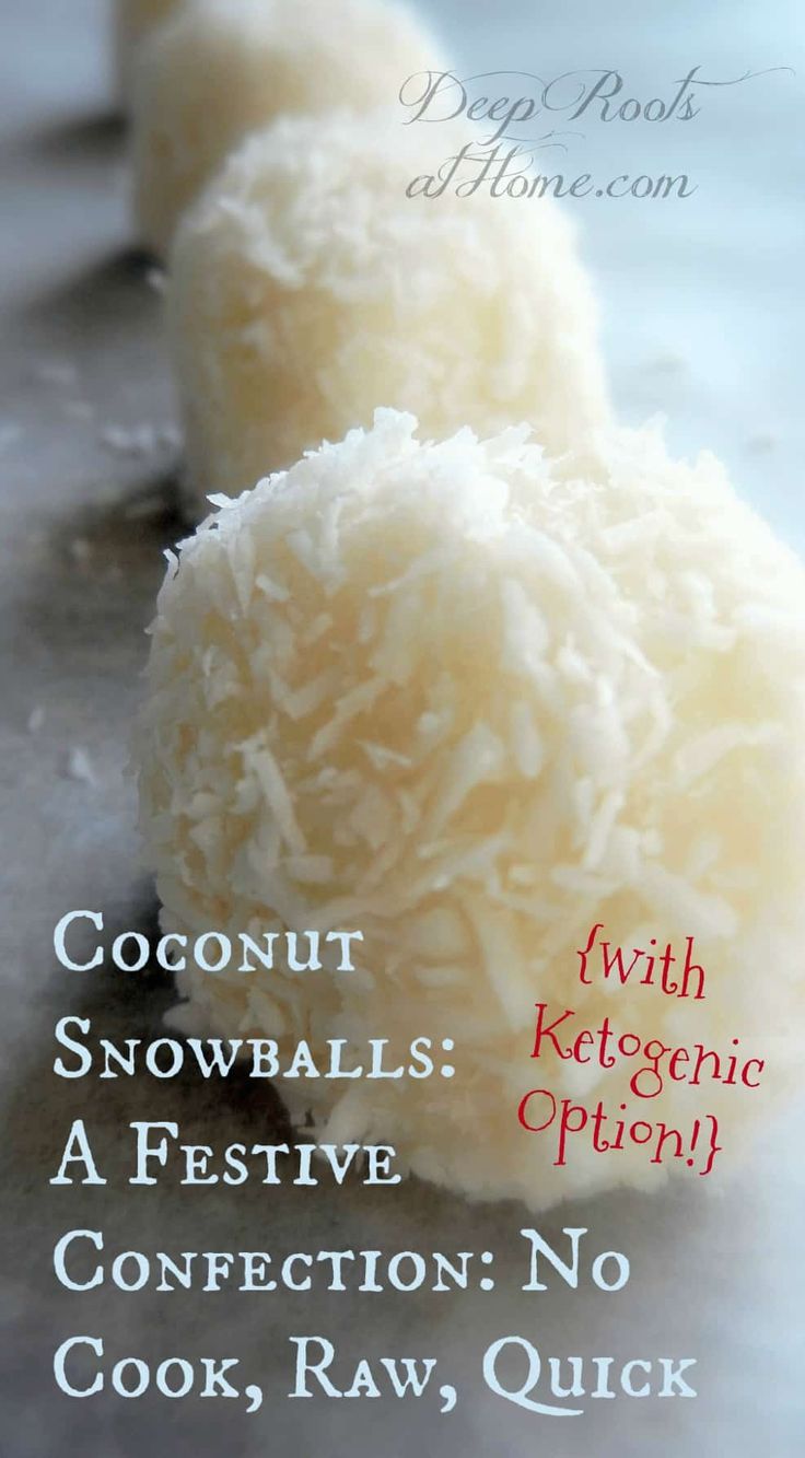 three coconut snowballs on a table with the words confection no cook raw quick