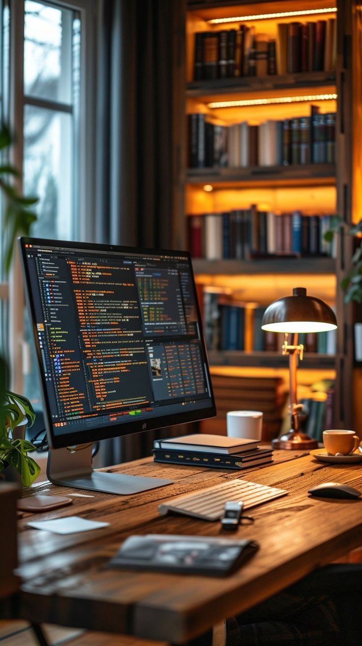 Cozy software developer workspace with computer monitor displaying code, books on shelf, and cup of coffee. Ideal setting for productive coding sessions. Developer Workspace, Programmers Desk, Organized Desk, Modern Home Offices, Computer Desk Setup, Iphone Dynamic Wallpaper, Home Studio Setup, Desktop Setup, Desk Goals