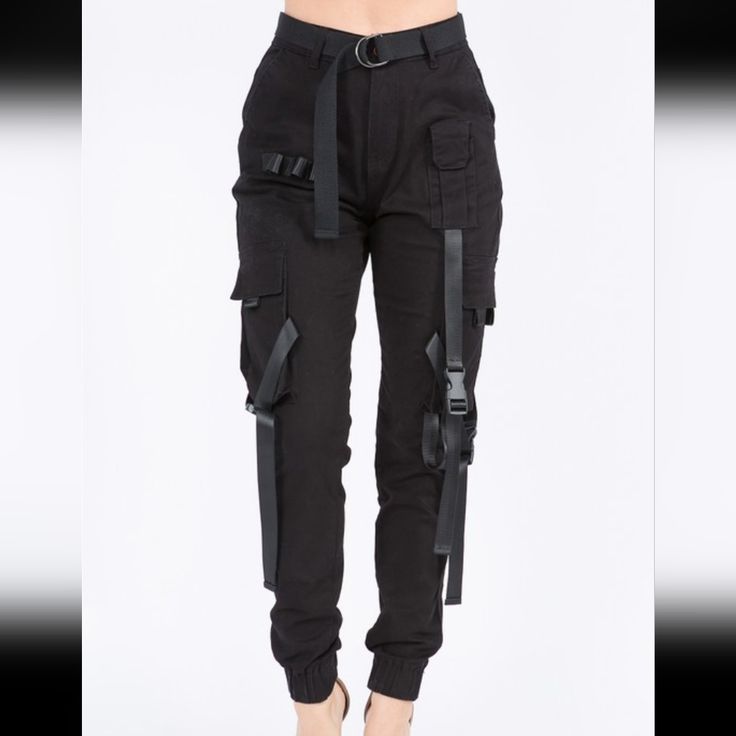 High Waist Jogger Pants With Straps Button Waist Closure Strap Trims With Buckles Elastic Banded Hem Junior Sizing, In General, Is More Fitting And Sits Tighter Fabric - 98% Cotton, 2% Spandex Inseam 31 Inches Available In Junior And Junior Plus Sizes See Other Listings For Green And Tan Black Combat Pants, Cyberpunk Jumpsuit, Tech Wear Women, Fantasy Pants, Pants With Straps, Techwear Women, Mcu Cast, Unique Jumpsuits, Combat Clothes