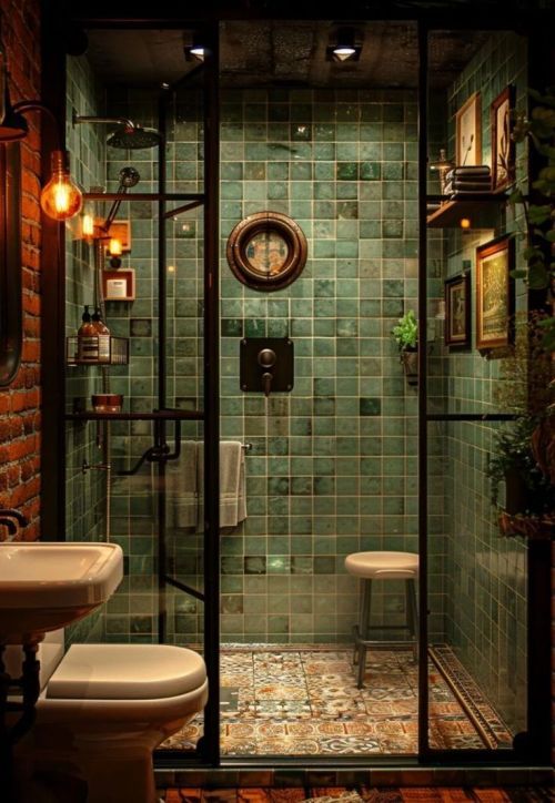 a bathroom with green tile walls and flooring