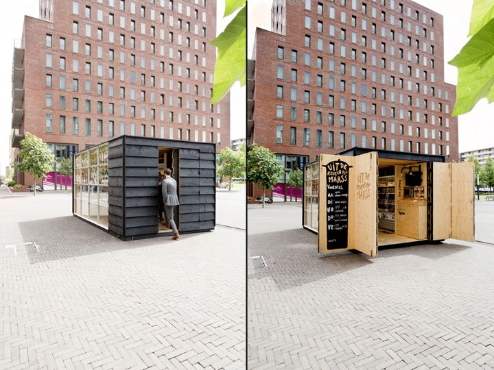 two pictures of a man standing in front of a building