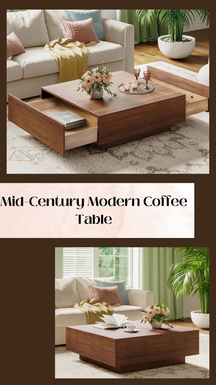 the coffee table is made out of wood and has two different types of furniture in it