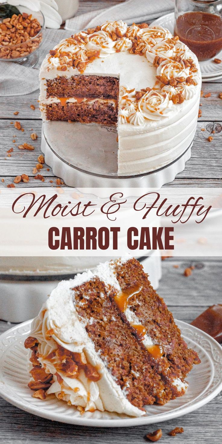 a cake with white frosting and carrots on top is shown in three different photos