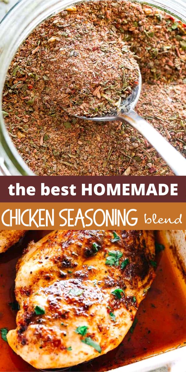 the best homemade chicken seasoning blend is in a glass jar and on top of a pan