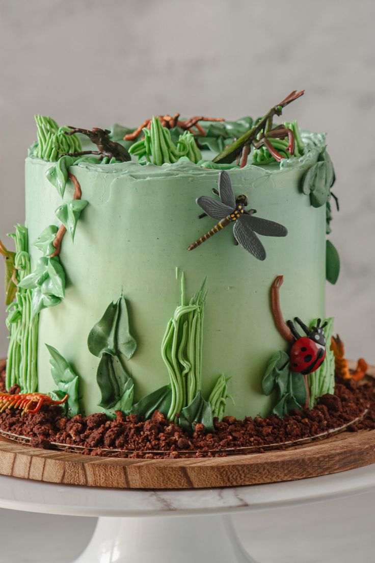 Green cake with grass and leaf piping. Decorated with insects. Ladybug, dragonfly, butterfly, grasshopper, honeybee, spider, praying mantis Insect Cake, Bug Birthday Cakes, Micro Bakery, Bug Cake, Strawberry Birthday Cake, 4th Birthday Cakes, 3rd Birthday Cakes, Cake Studio, Themed Birthday Cakes