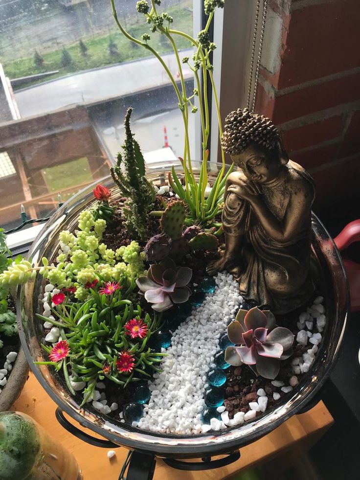 a buddha statue sitting on top of a metal tray filled with plants and rocks next to a window