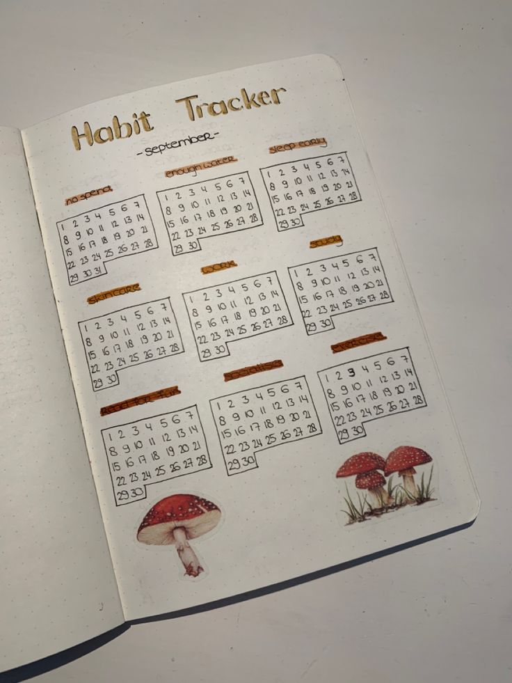 a calendar with mushrooms on it is open to show the date for each month in english