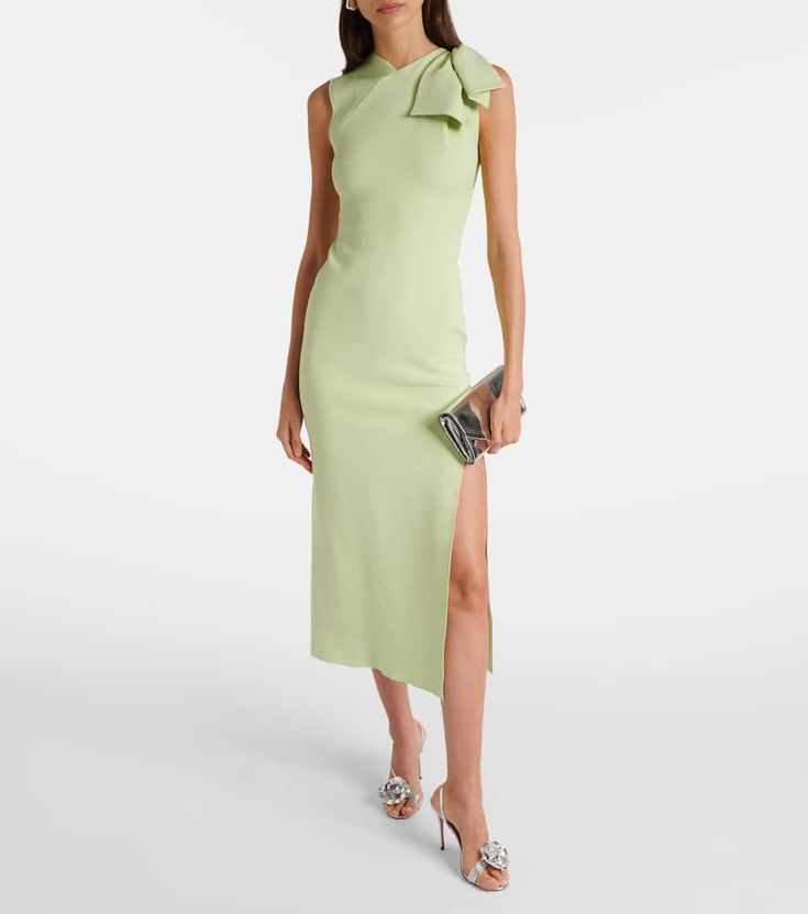 Find ROLAND MOURET Bow-detail Midi Dress on Editorialist. Material: 73% viscose, 13% polyester, 13% polyamide, 3% elastane. Care instructions: dry clean. Made in Italy. Designer color name: Green. Chic Structured Midi Dress For Party, Elegant One Shoulder Elastane Dress, Spring Evening Structured Dress, Spring Structured Dress For Evening, Structured Dress For Spring Evening, Green Elastane Midi Dress For Summer, Structured Spring Evening Dress, Spring Dress With Asymmetrical Neckline In Elastane, Spring Structured Dresses