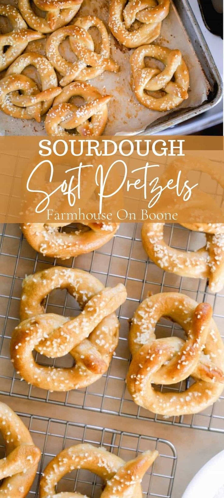 homemade soft pretzels on a cooling rack with text overlay that says sourdough soft pretzels