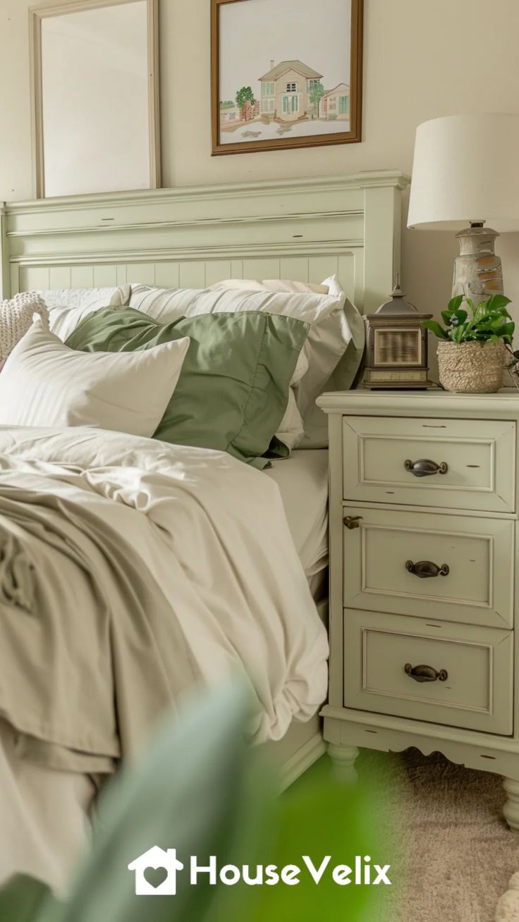 a white bed sitting next to a nightstand with a lamp on top of it