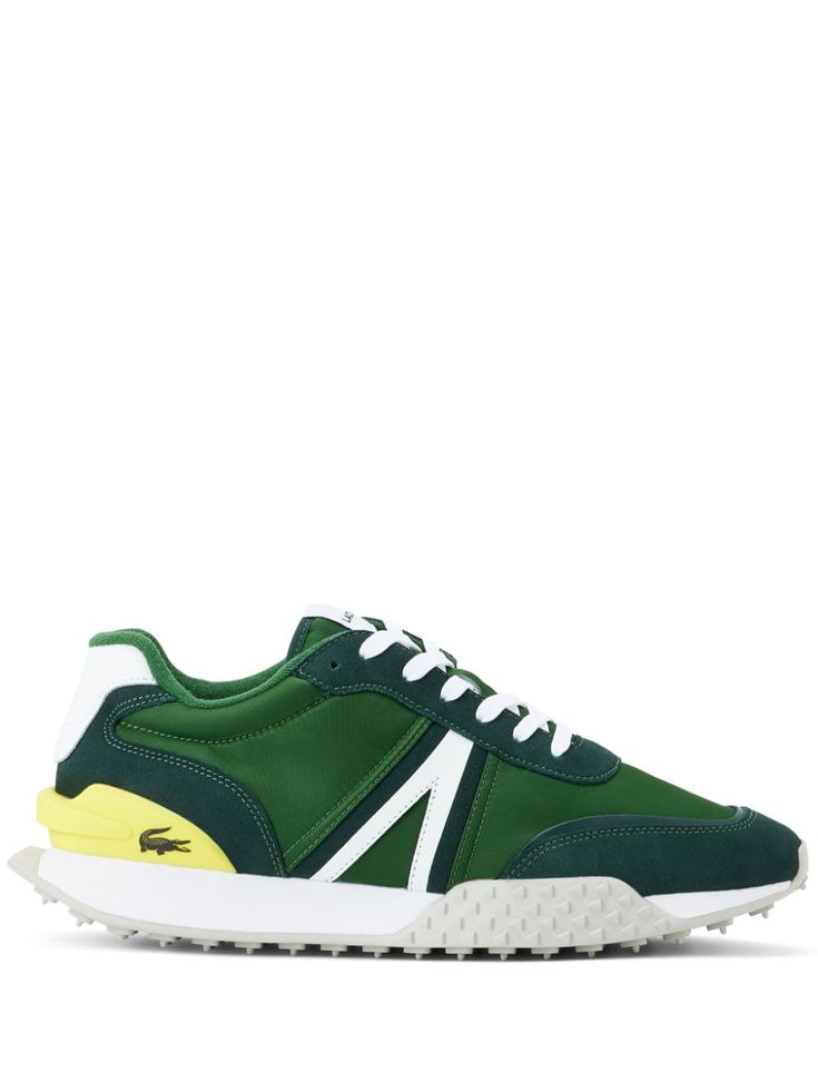 forest green/yellow/white panelled design logo print to the side logo patch at the tongue front lace-up fastening round toe rubber lug sole Green Functional Sneakers With Vibram Sole, Green Textile Lace-up Sneakers, Luxury Green Sneakers With Vibram Sole, Green Technical Breathable Sneakers, Green Breathable Technical Sneakers, Lacoste Shoes, Sneakers Green, Balenciaga Track, Office Bag