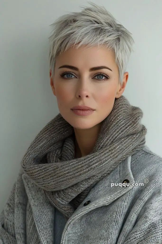 pixie-haircuts-gray-hair-8 Short Hair At 50, Women’s Short Pixie Haircuts, Fauxhawk Pixie For Women, Short Gray Pixie Haircuts, What To Wear With Grey Hair, Bright Blonde Hair Short, Short Pixie Grey Hair, Pixie Cuts For Round Faces Plus Size, Pixie Cuts For Square Faces