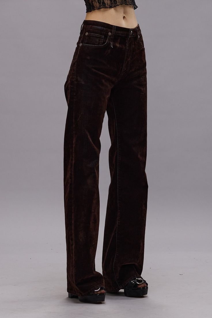 Fitted high rise slim leg jean featuring a subtle flare for a long, lean silhouette. Built with comfort stretch Italian indigo denim coated with a deep brown flock for a velvet-like feel. MADE IN ITALY Color: Flocked Brown 93% Cotton, 6% Viscose, 1% Elastane R13W7020-D266A Harness Boots, Indigo Denim, Skirt Jumpsuit, Deep Brown, Sweater Pants, Denim Coat, Slim Leg, Short Jacket, Slim Legs