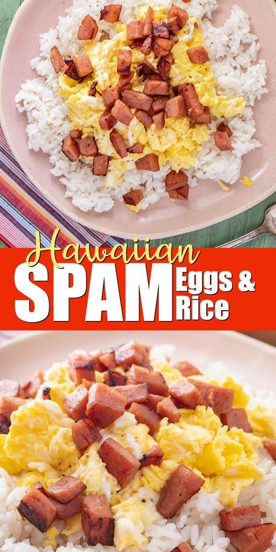 two plates with rice, eggs and ham on them