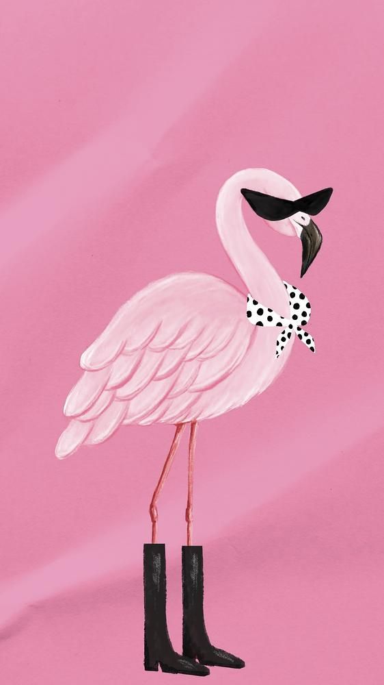 a pink flamingo standing on top of a pair of black rubber boots with a polka dot tie around its neck