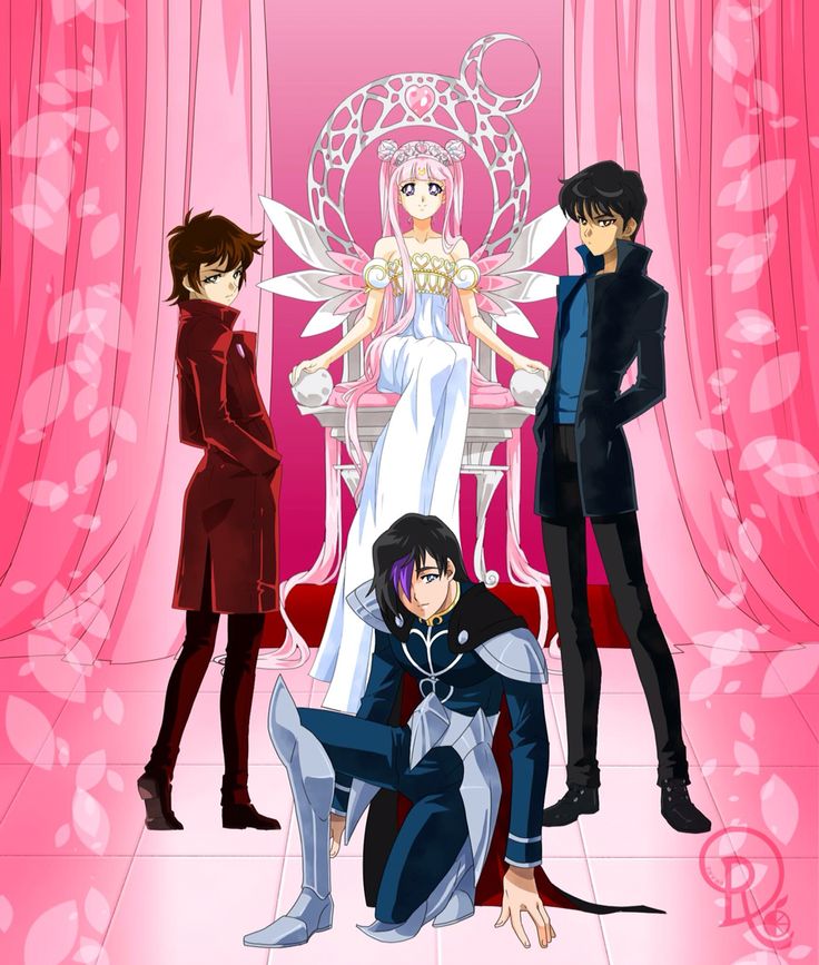 three anime characters are standing in front of a pink background with an angel sitting on a chair