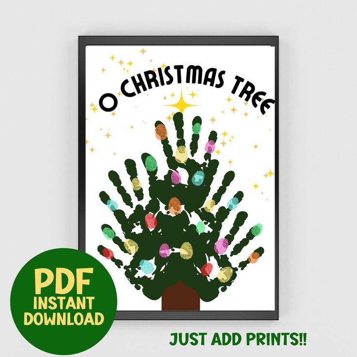 a christmas tree with handprints on it and the text, just add prints