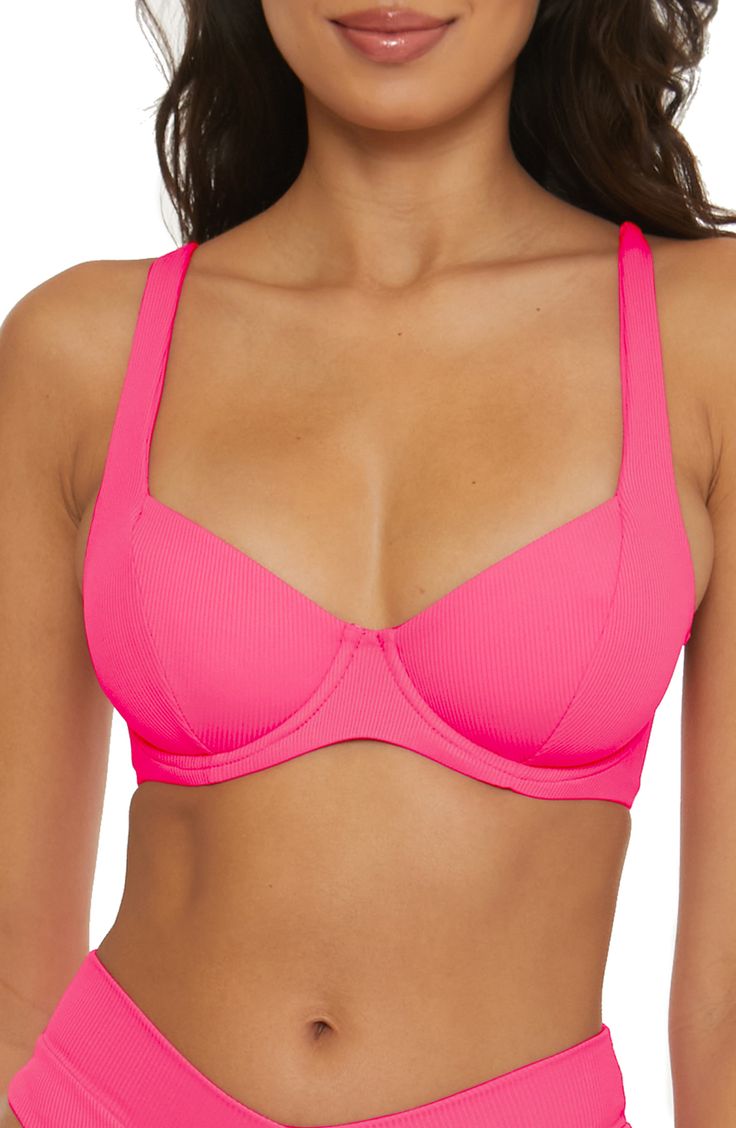 A lace-up back detail defines this underwire bikini top in a versatile solid hue that's perfect for your next vacay. Lined Adjustable back tie closure Removable soft cups 90% nylon, 10% spandex Hand wash, line dry Imported Padded Push-up Swimwear, Solid Underwire Swimwear With Removable Bra Pads, Beach Season Underwire Bra With Padded Cups, Underwire Bra With Padded Cups For Beach Season, Padded Underwire Swimwear For Beach Season, Contoured Solid Swimwear With Removable Bra Pads, Solid Swimwear With Removable Bra Pads And Contoured Fit, Poolside Bra With Padded Cups, Solid Color Bra With Padded Cups For Poolside